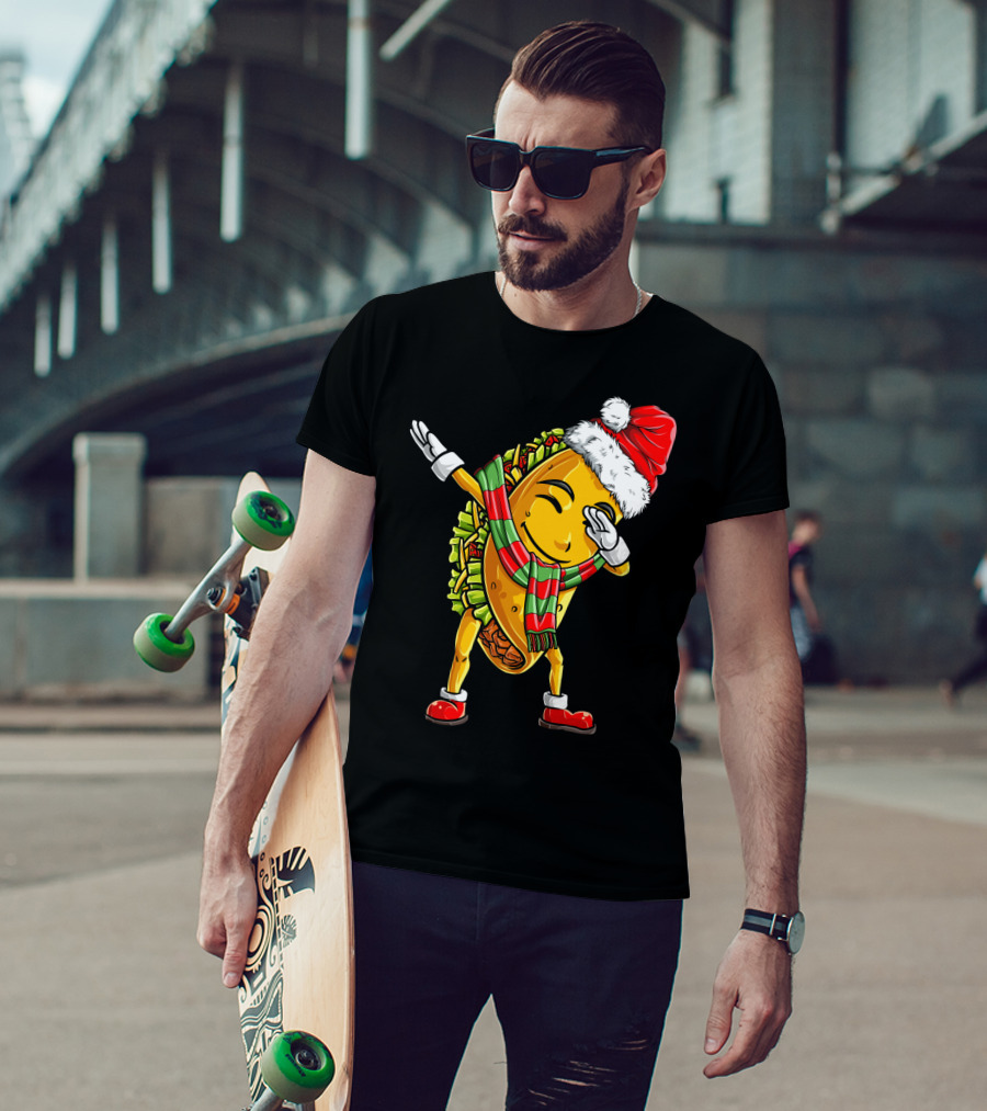 Dabbing Santa Taco With Christmas Hat And Scarf T-Shirt