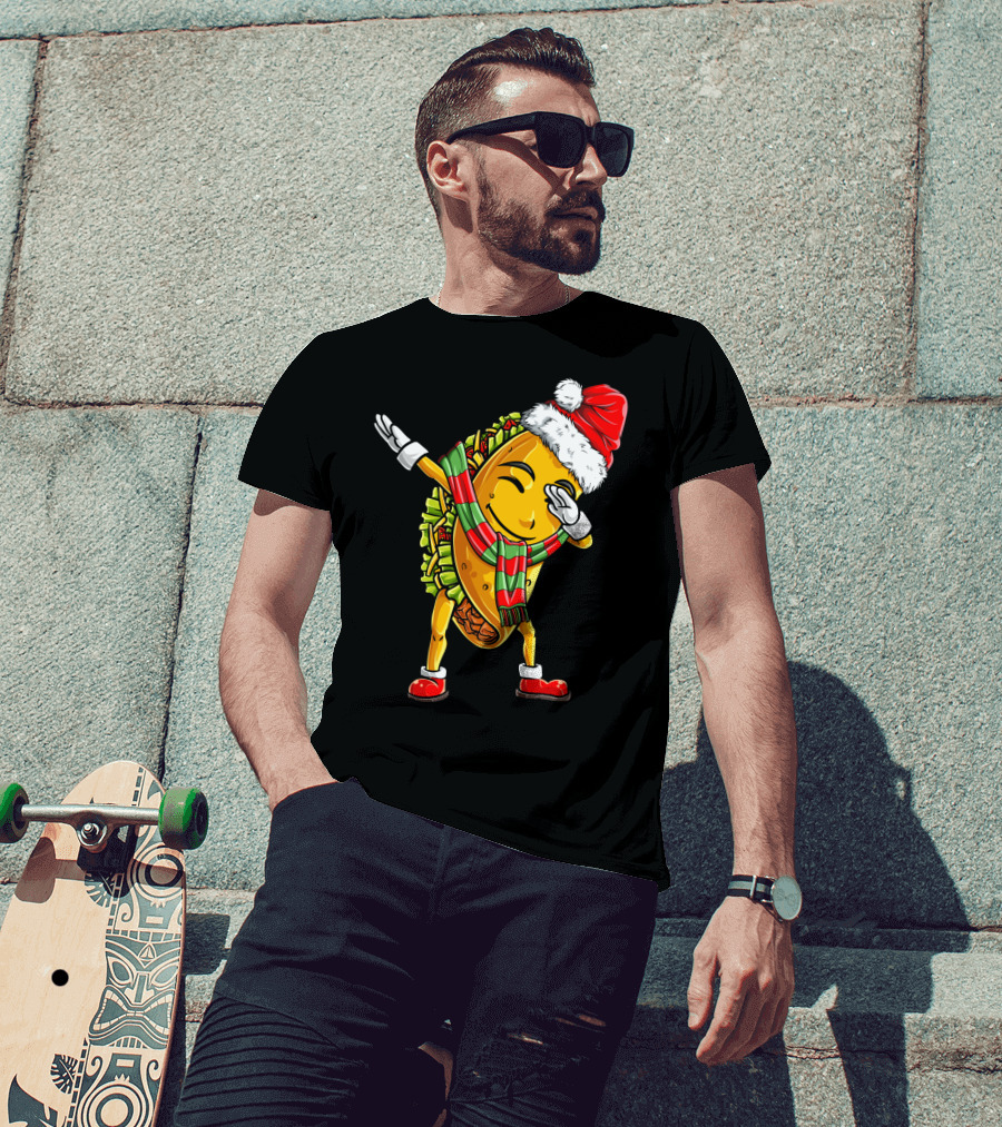 Dabbing Santa Taco With Christmas Hat And Scarf T-Shirt