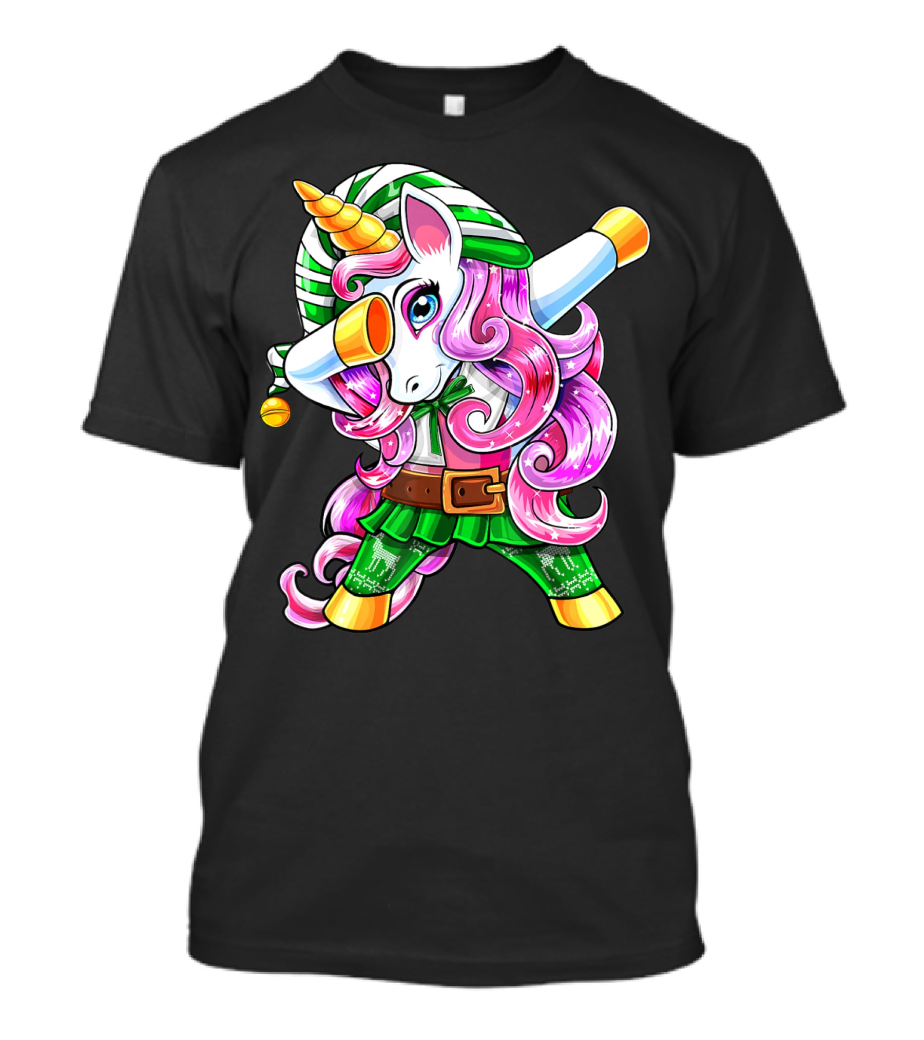 Dabbing Unicorn Christmas Elf Costume Unicorn Girls Pink Hair Green T-Shirt