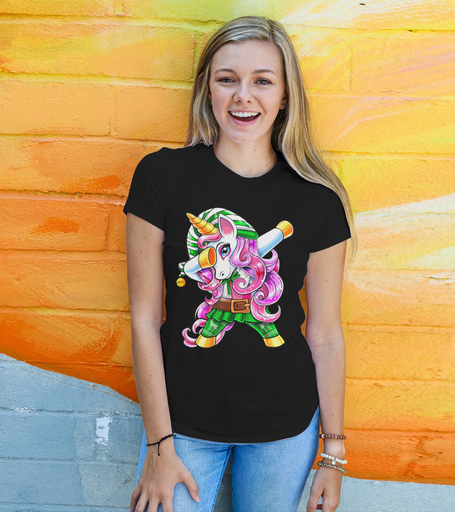 Dabbing Unicorn Christmas Elf Costume Unicorn Girls Pink Hair Green T-Shirt