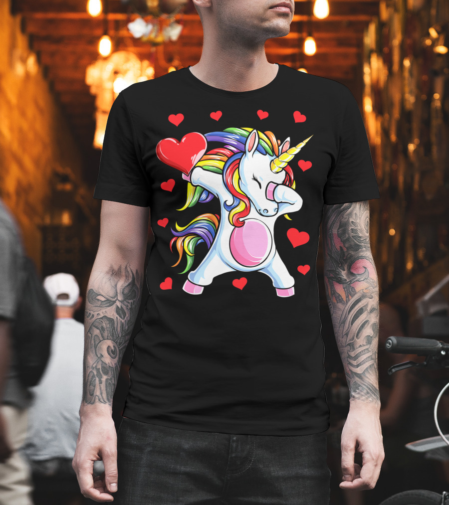 Valentines Day Dabbing Unicorn with Heart and Rainbow Mane T-Shirt