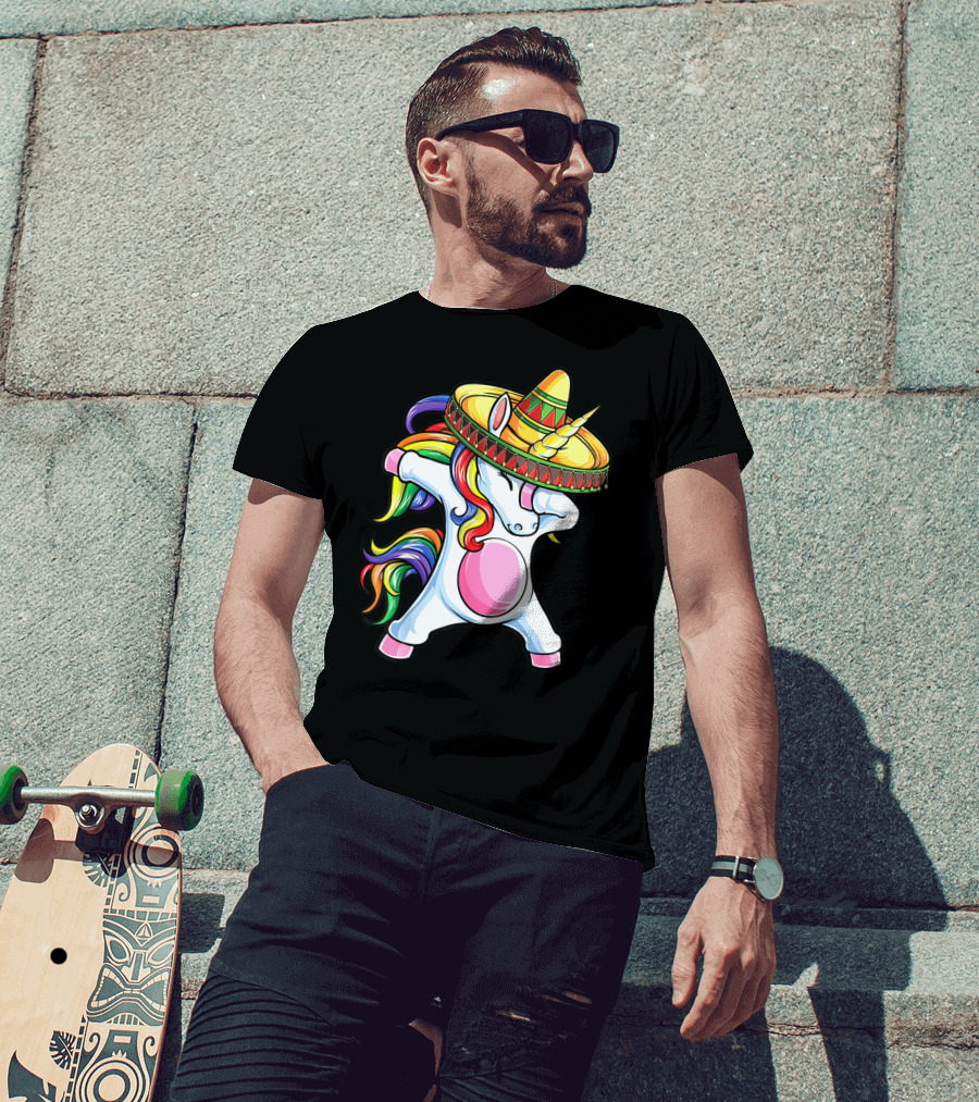Dabbing Unicorn With Rainbow Hair And Sombrero Celebrating Cinco De Mayo T-Shirt