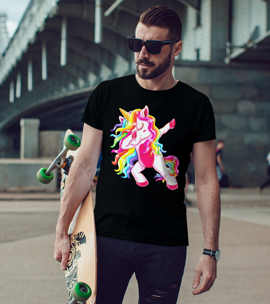 Dabbing Rainbow Unicorn With Long Hair Dab Dance T-Shirt