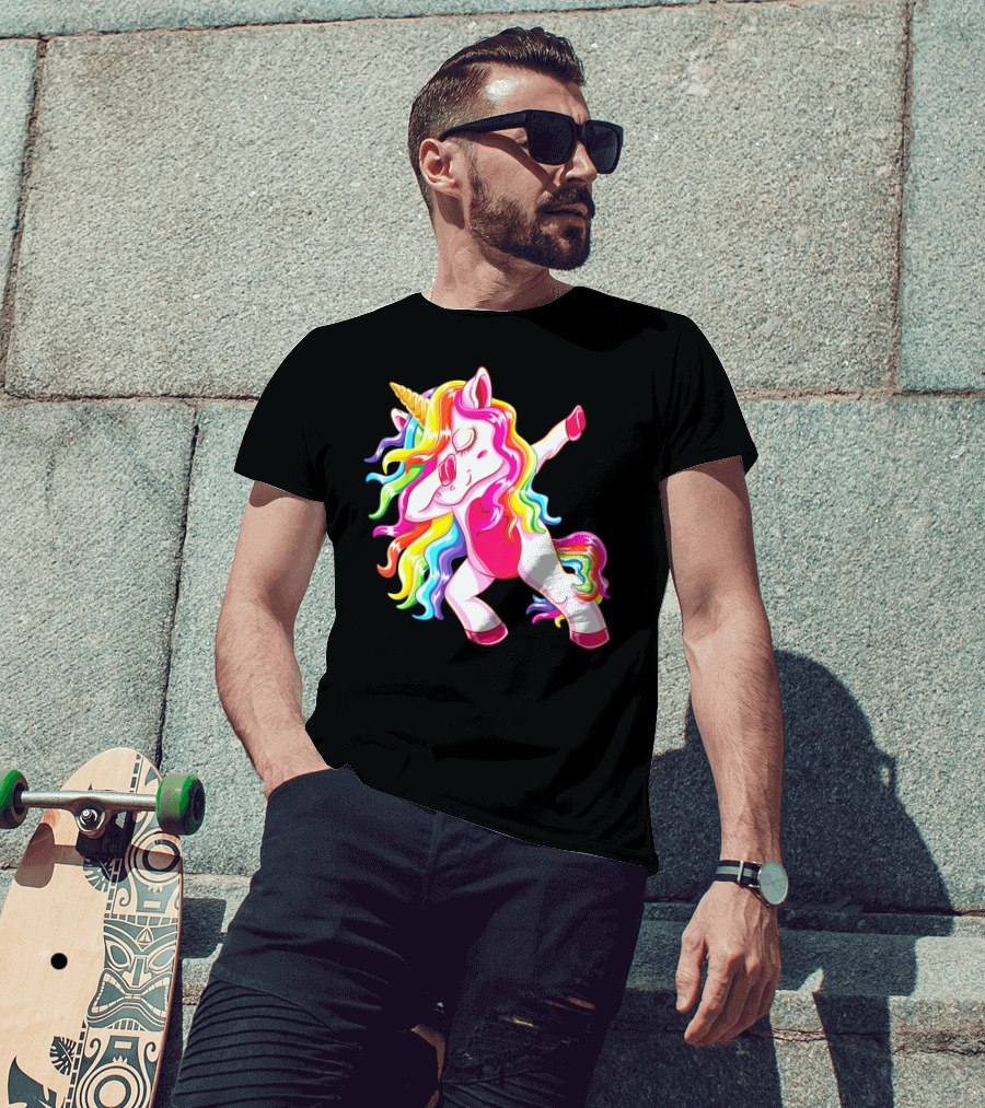 Dabbing Rainbow Unicorn With Long Hair Dab Dance T-Shirt