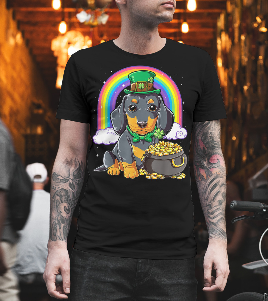 Dachshund St Patricks Day Leprechaun Rainbow Pot of Gold T-Shirt