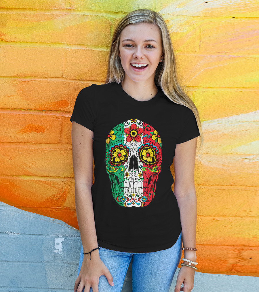 Day Of The Dead Sugar Skull Mexican Flag Flowers Colorful T-Shirt