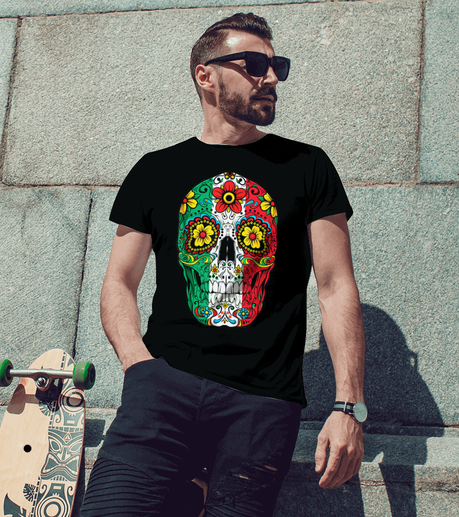 Day Of The Dead Sugar Skull Mexican Flag Flowers Colorful T-Shirt