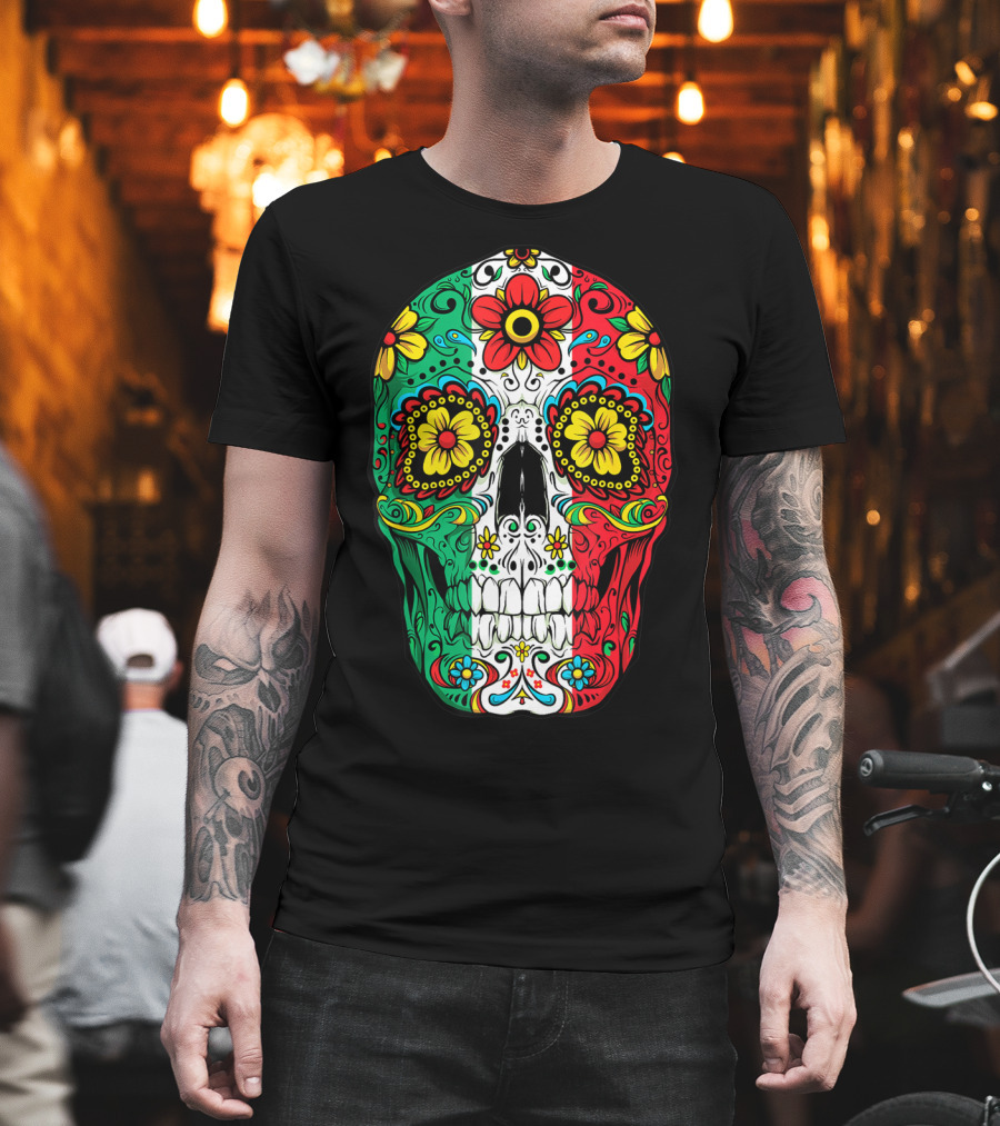 Day Of The Dead Sugar Skull Mexican Flag Flowers Colorful T-Shirt