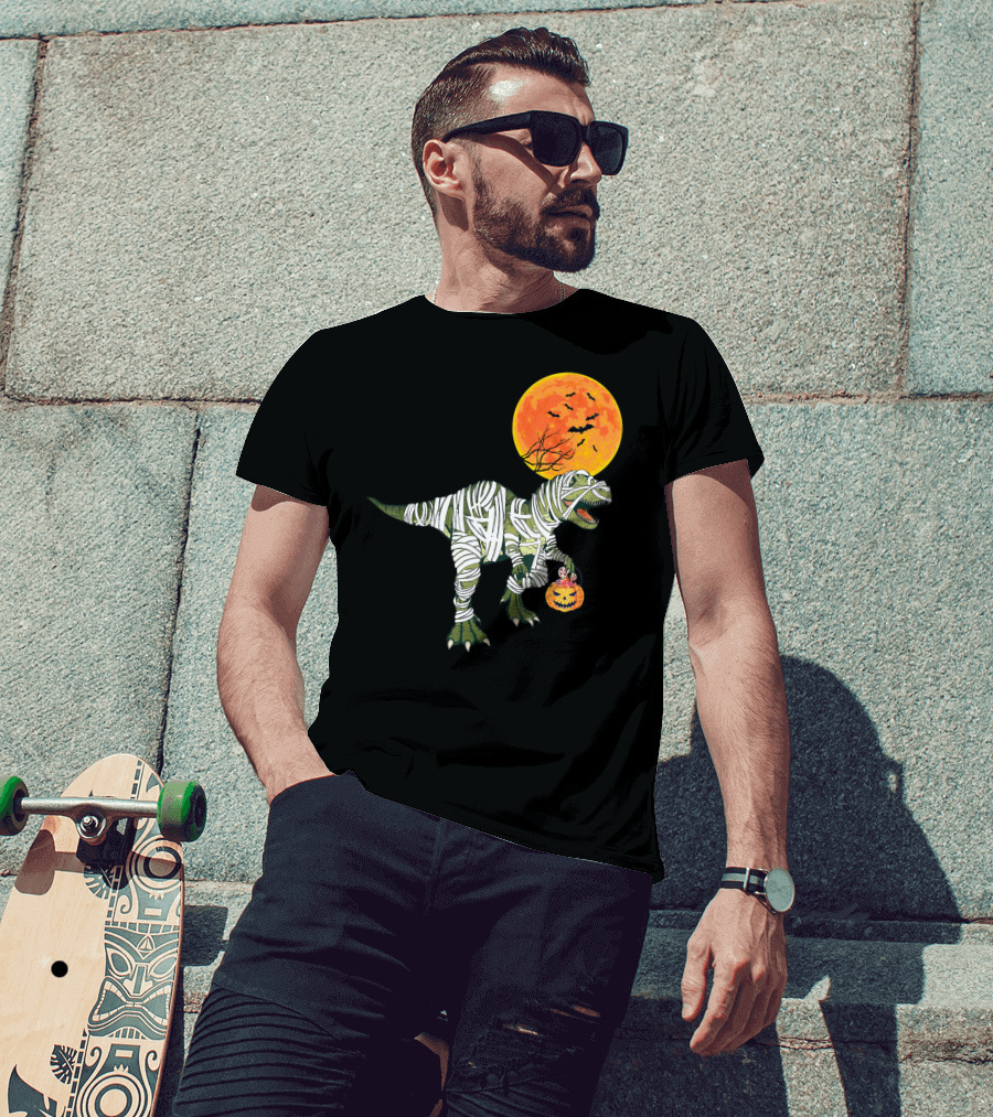 Dinosaur Halloween Mummy With Pumpkin And Full Moon Background T-Shirt