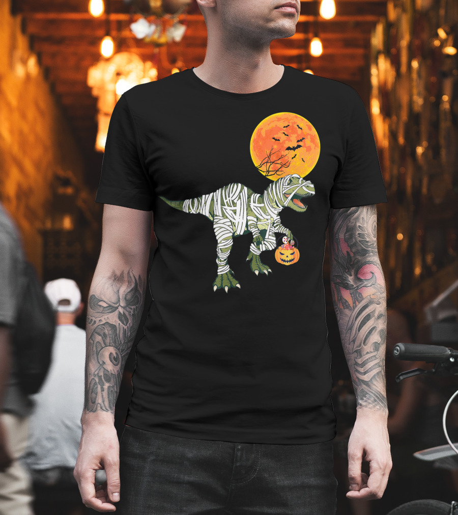 Dinosaur Halloween Mummy with Pumpkin and Full Moon Background T-Shirt
