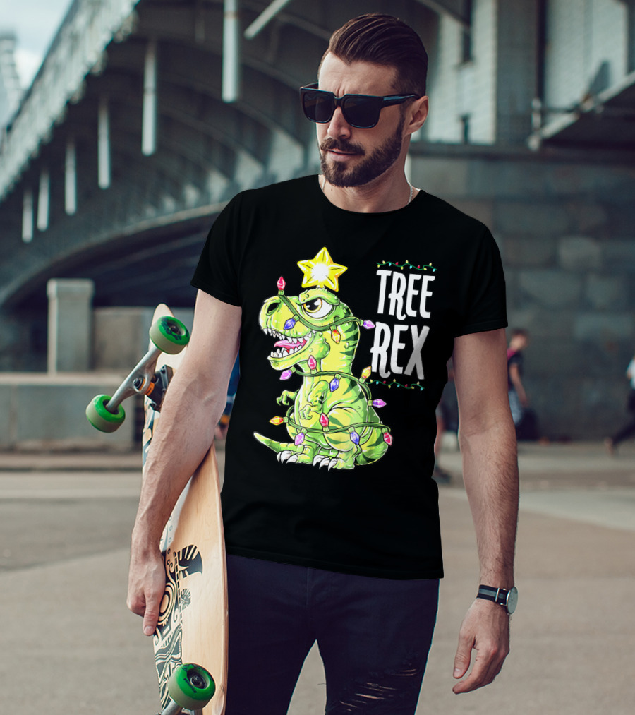 Tree Rex Dinosaur Christmas Lights Boys T-Shirt