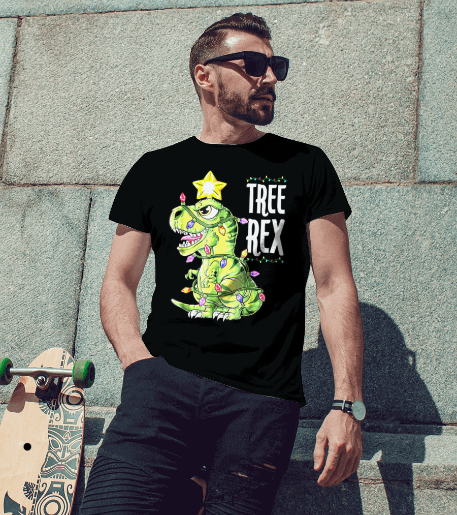 Tree Rex Dinosaur Christmas Lights Boys T-Shirt