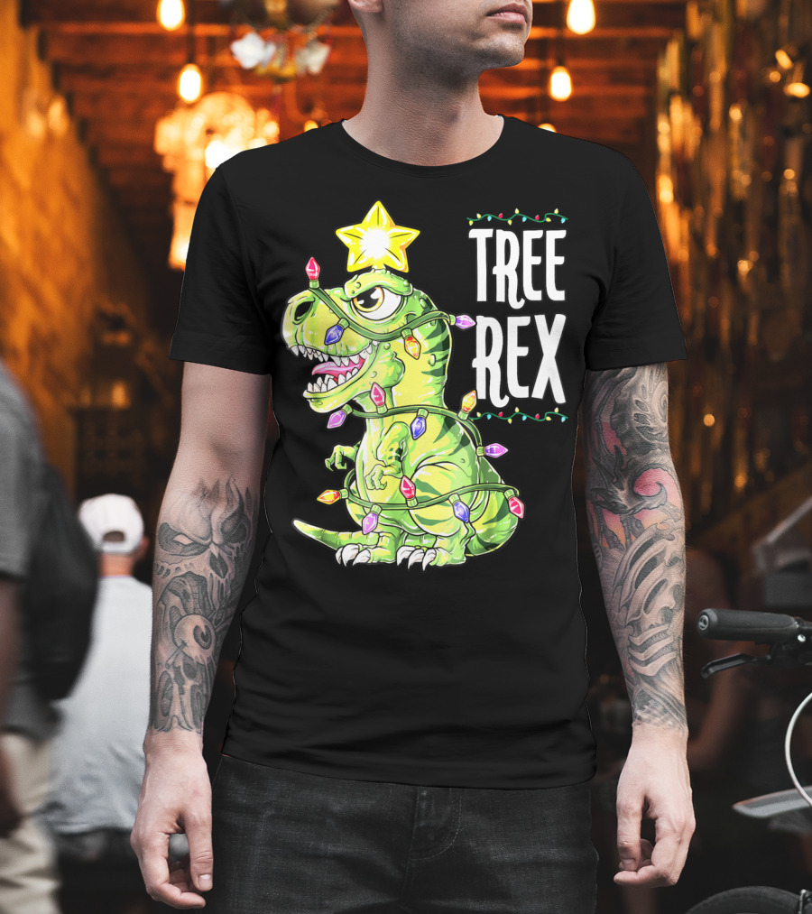 Tree Rex Dinosaur Christmas Lights Boys T-Shirt