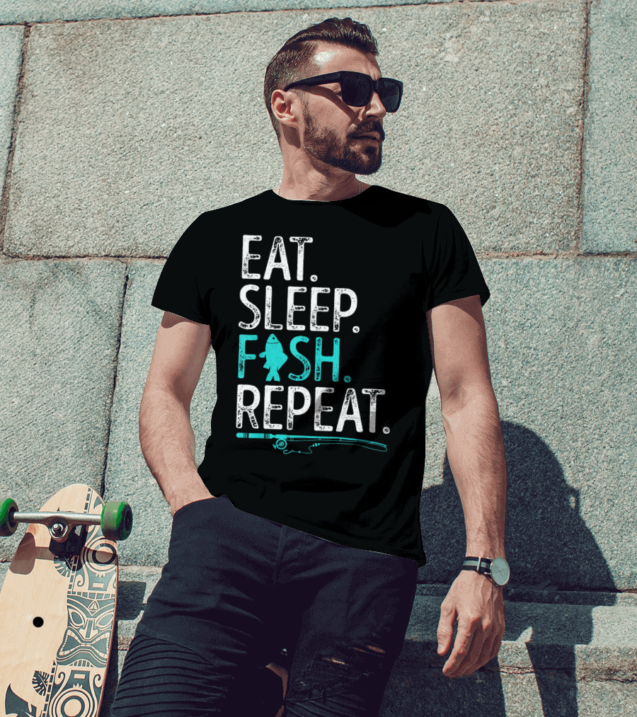 Eat Sleep Fish Repeat Kids Fishing Fishing Rod Teal Fish T-Shirt