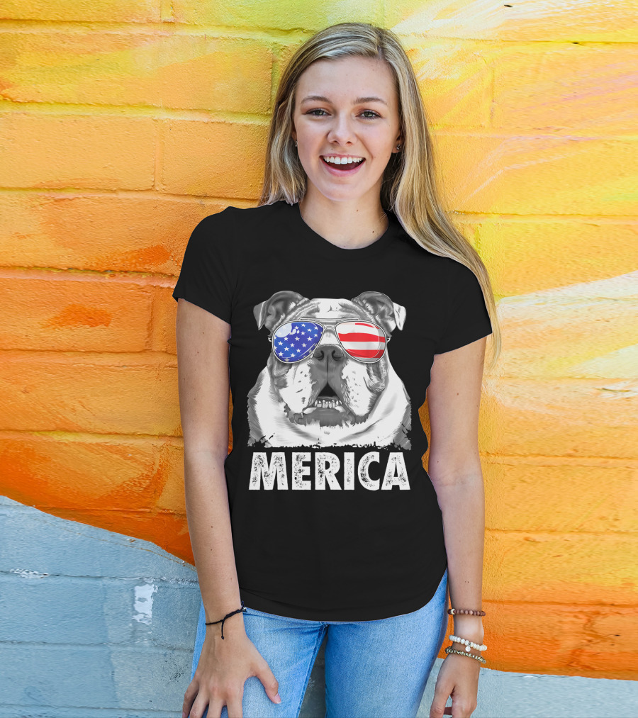 Merica English Bulldog USA Flag Sunglasses T-Shirt