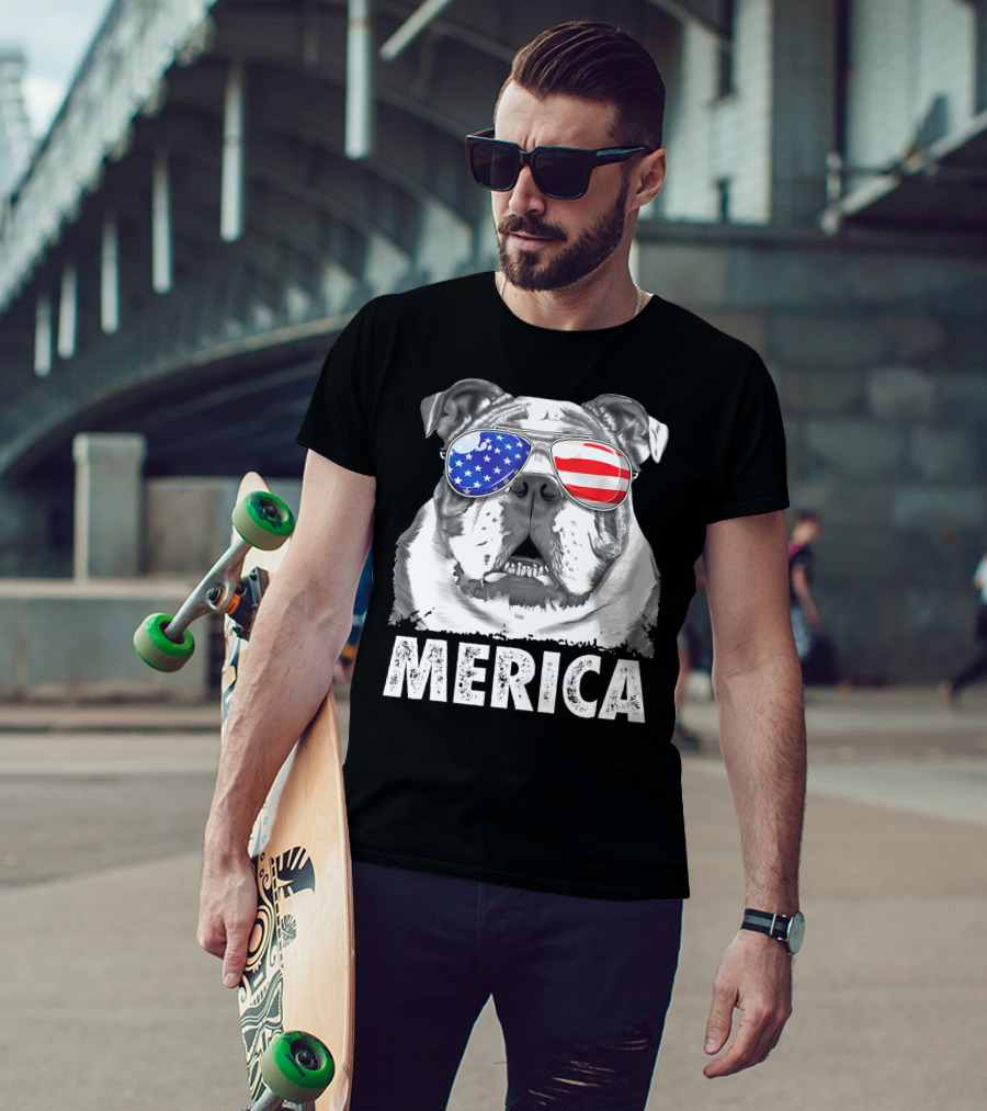 Merica English Bulldog USA Flag Sunglasses T-Shirt
