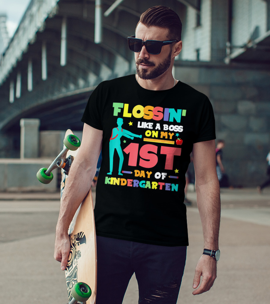 Flossin Like A Boss On My 1st Day Of Kindergarten With Silhouette And School Elements T-Shirt