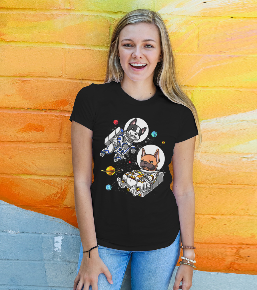 French Bulldog Astronauts In Space With Planets And Stars T-Shirt