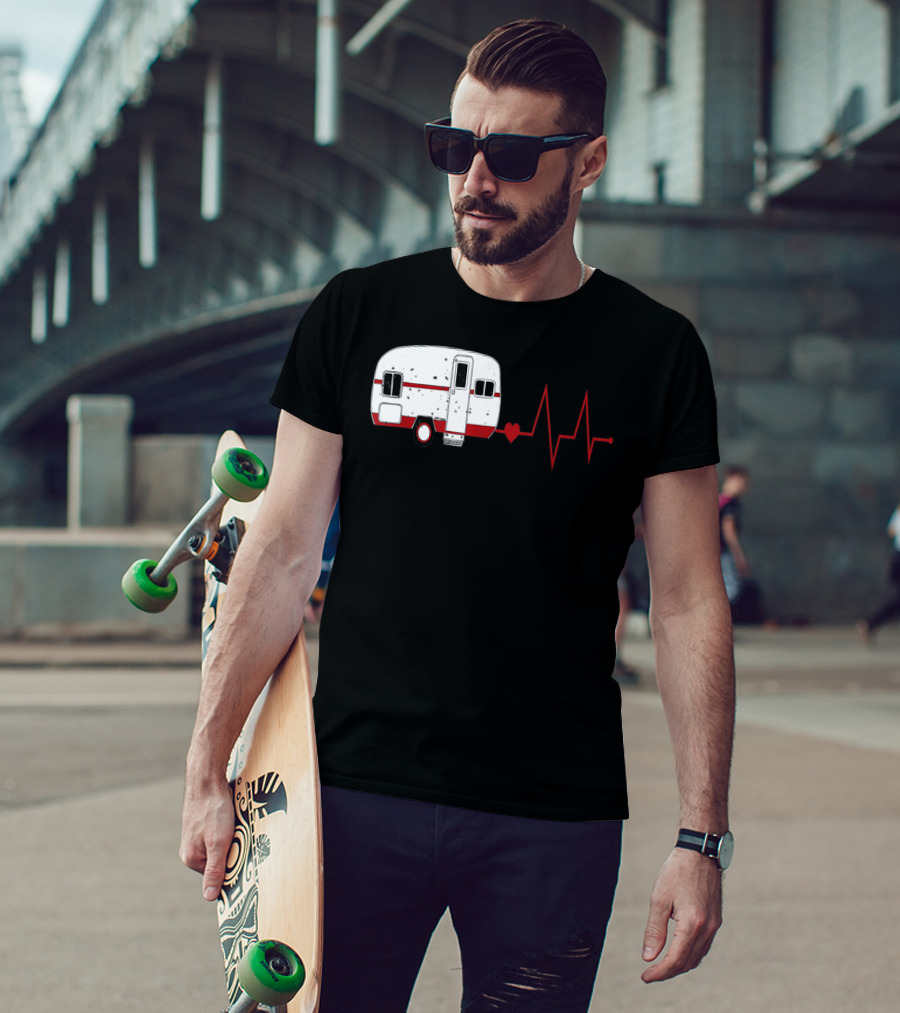 Funny Valentine's Day Camping Women Girls Heartbeat Camper T-Shirt