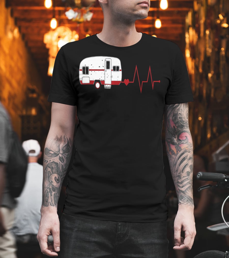 Funny Valentine's Day Camping Women Girls Heartbeat Camper T-Shirt