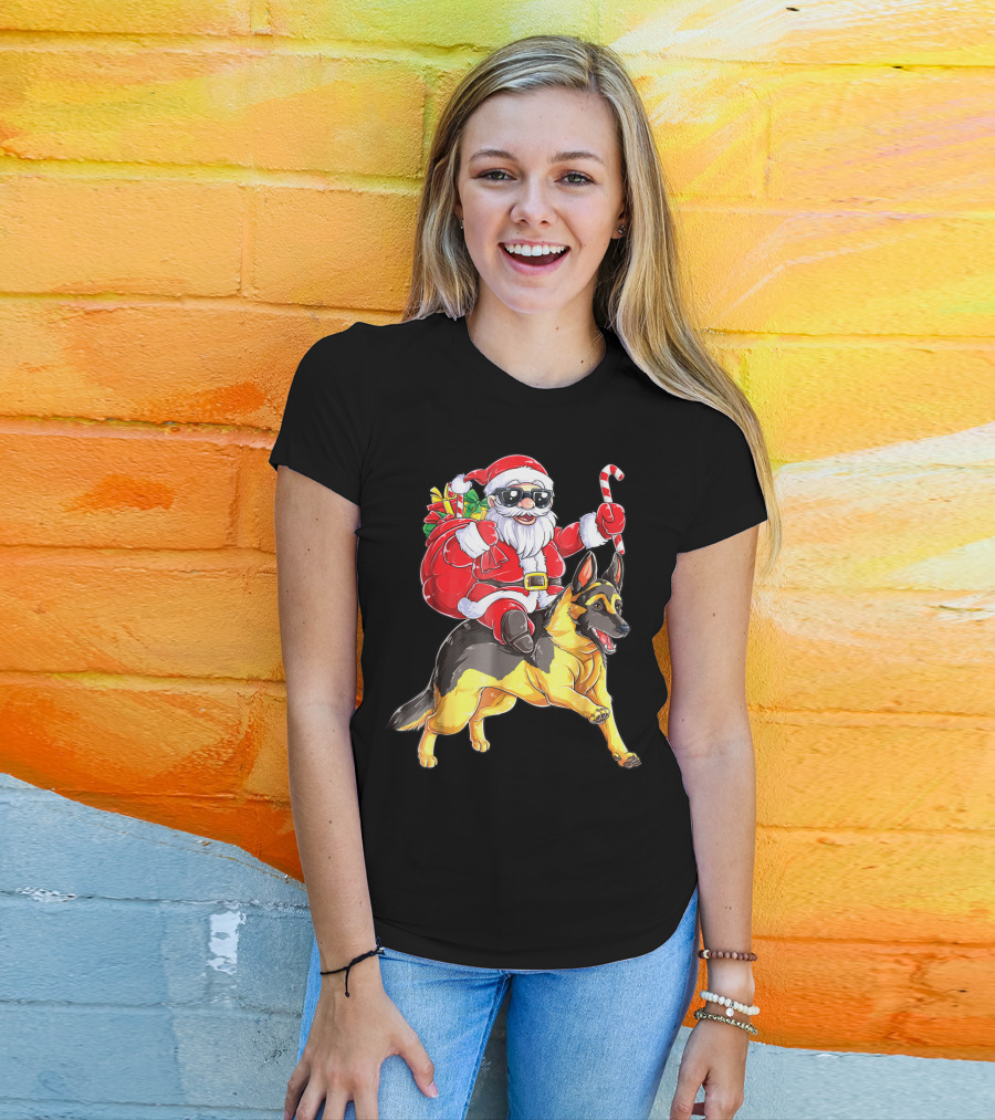 German Shepherd Woofmas With Santa Claus And Candy Cane T-Shirt