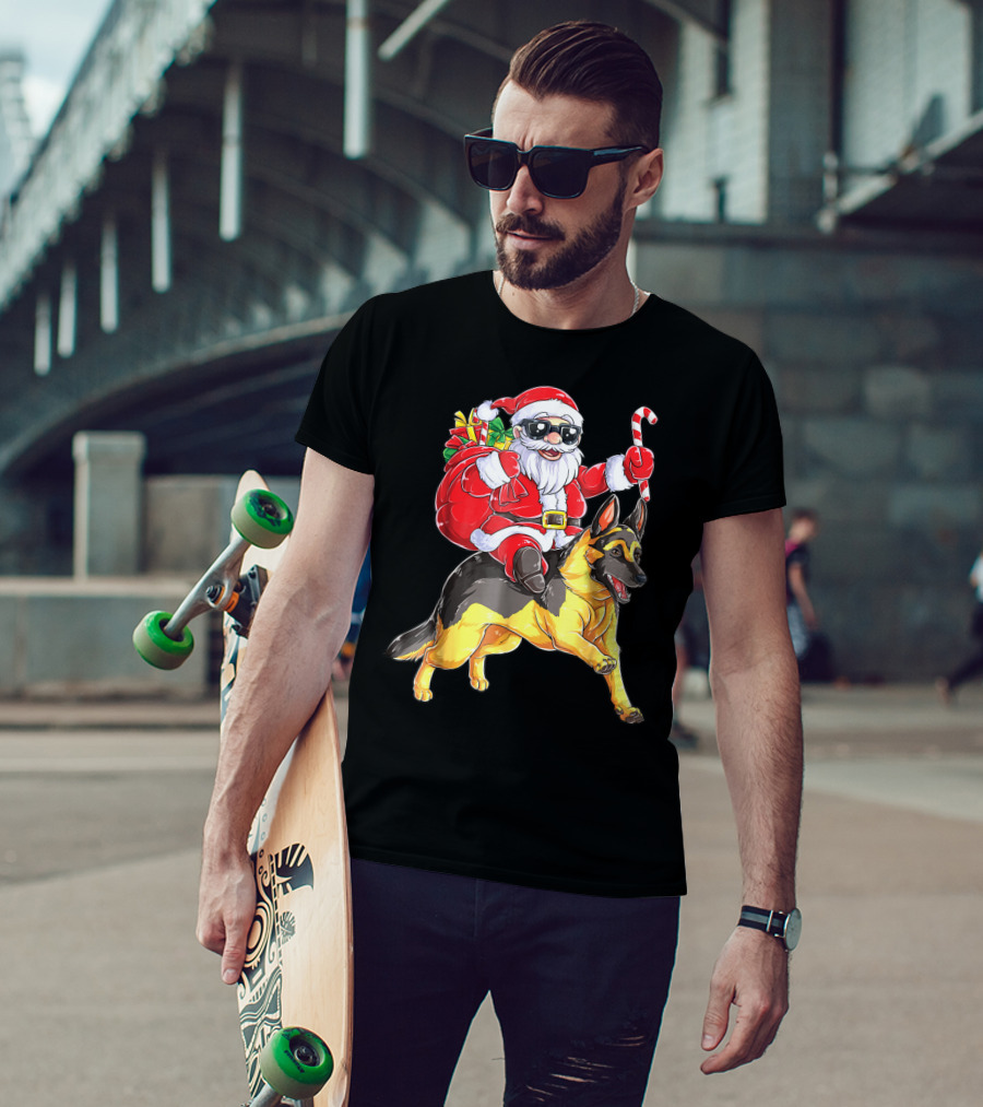 German Shepherd Woofmas With Santa Claus And Candy Cane T-Shirt