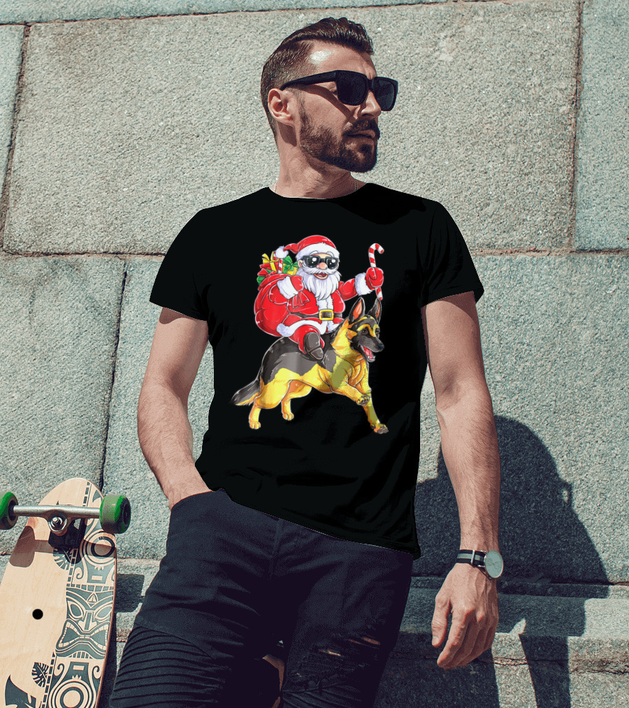 German Shepherd Woofmas With Santa Claus And Candy Cane T-Shirt