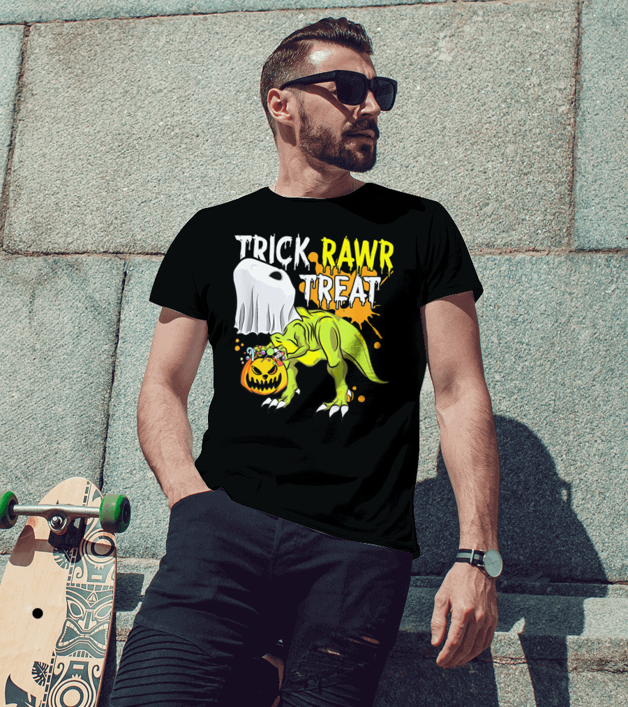 Trick Rawr Treat Halloween Dinosaur Ghost Pumpkin Boys T-Shirt