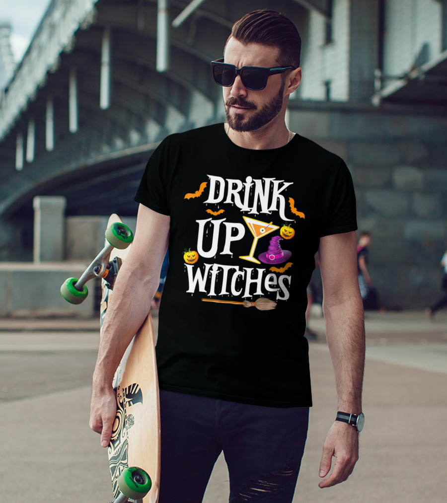 Drink Up Witches Halloween Costume Women Wine Hat Broom Martini T-Shirt