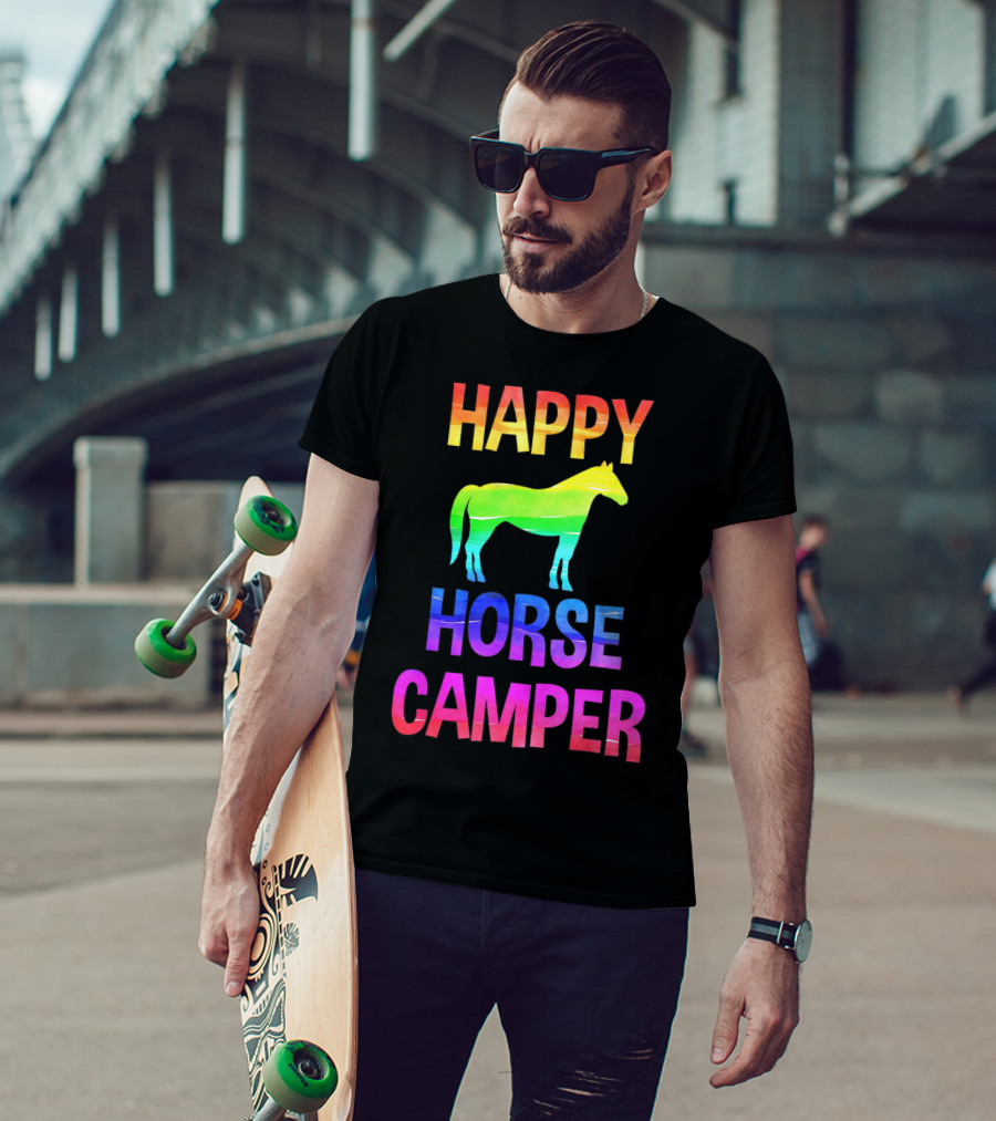 Happy Horse Camper Summer Camp Day Sleep Away Horseback Ride Rainbow T-Shirt