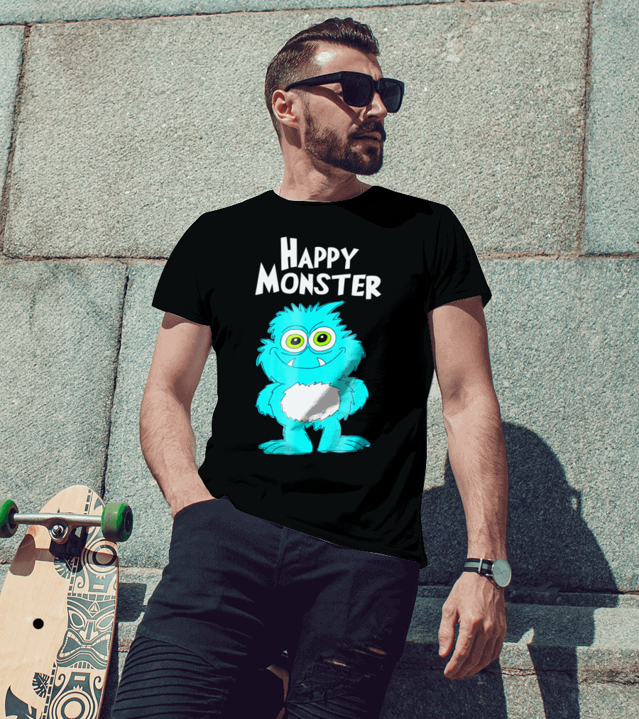 Happy Monster Funny Monster And Adults Vibrant Blue Cartoon Character T-Shirt