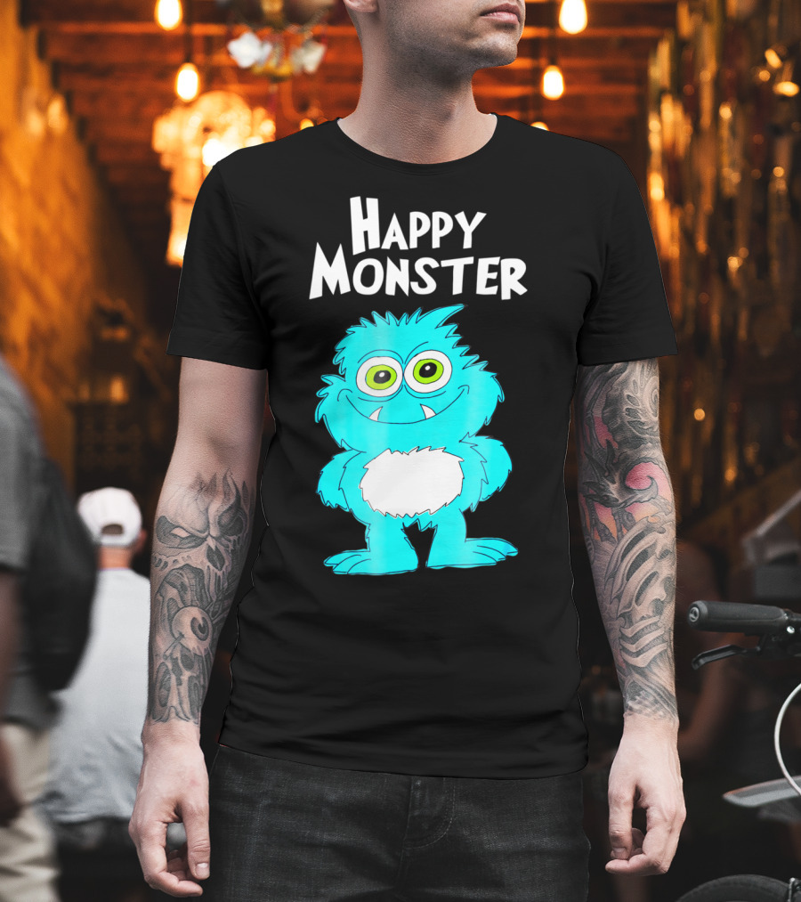 Happy Monster Funny Monster and Adults Vibrant Blue Cartoon Character T-Shirt