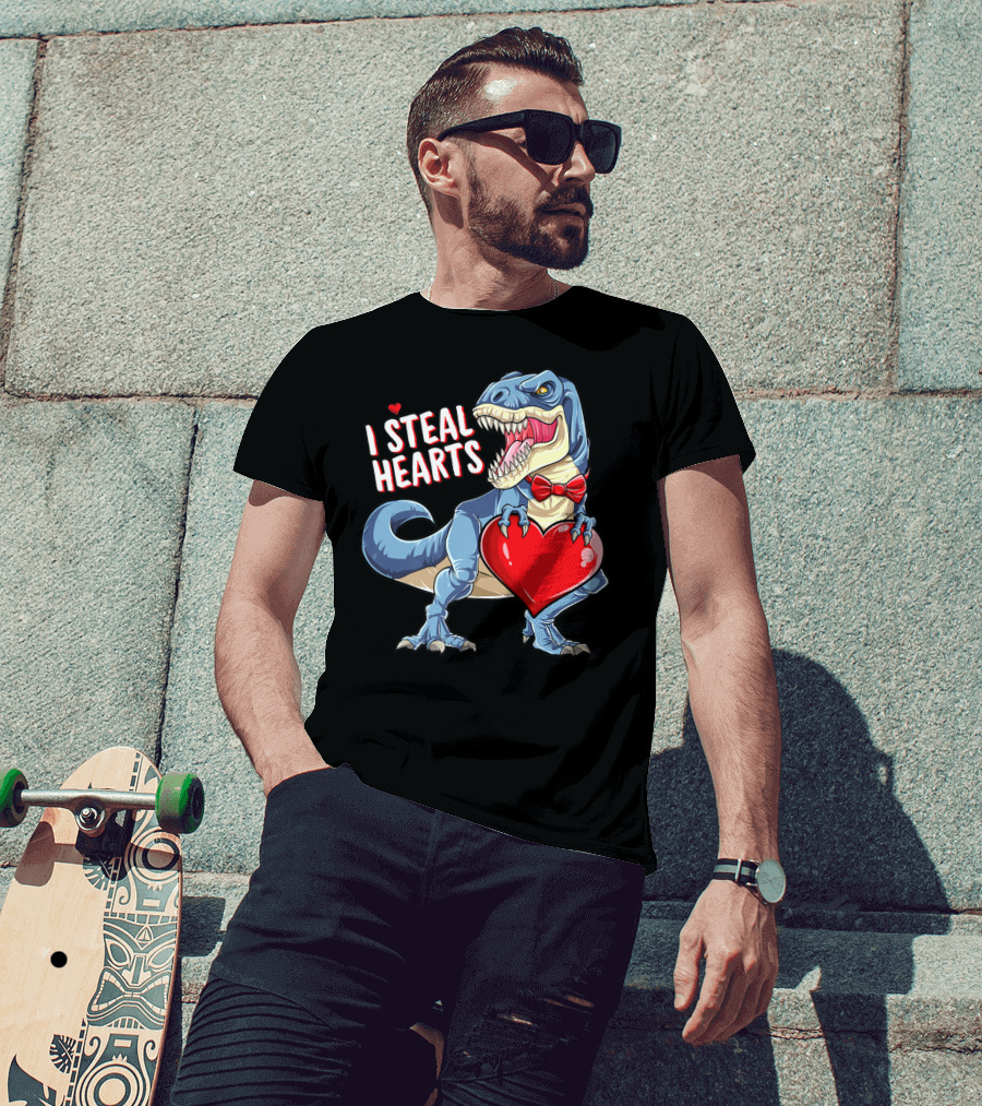 I Steal Hearts Dinosaur Rex Valentine's Day Red Bow Tie T-Shirt