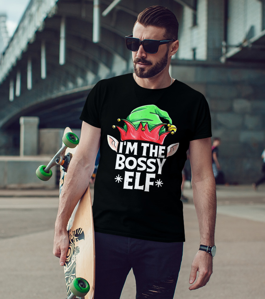 I'm The Bossy Elf Green And Red Jester Hat With Ears T-Shirt