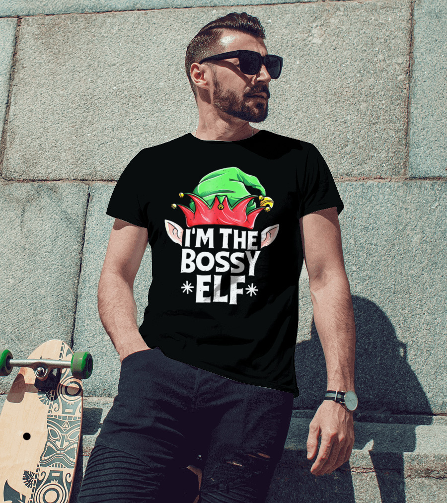 I'm The Bossy Elf Green And Red Jester Hat With Ears T-Shirt