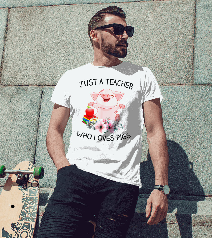 Just A Teacher Who Loves Pigs With Books Apple And Flowers T-Shirt