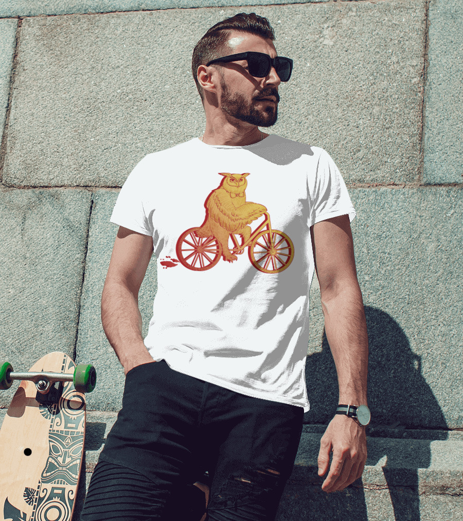 Owl Riding Bicycle With Orange Wheels T-Shirt