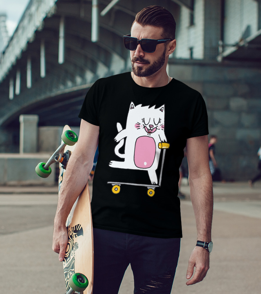Riding The Scooter With Happy White Cat T-Shirt