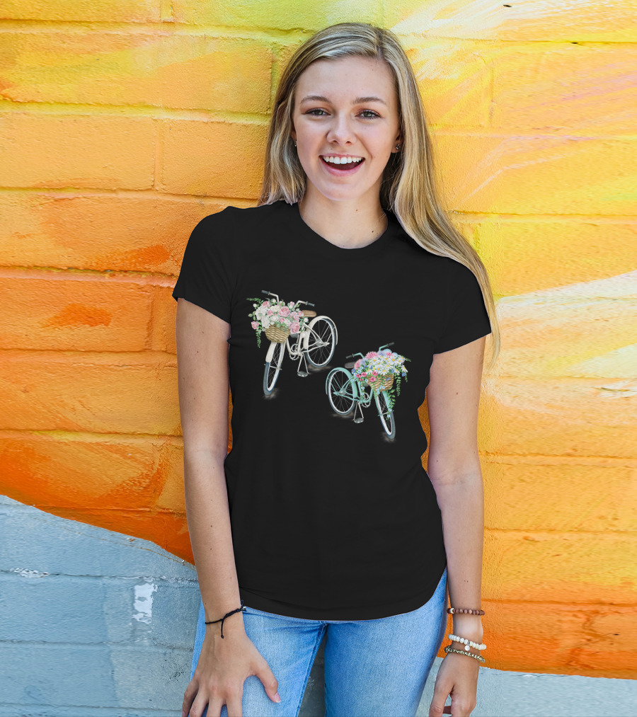 Vintage Bicycles With Flower Baskets Roses And Daisies T-Shirt