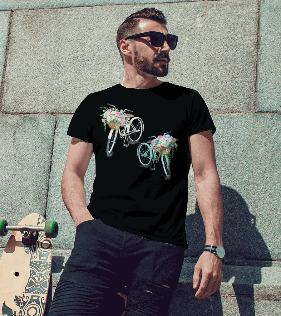 Vintage Bicycles With Flower Baskets Roses And Daisies T-Shirt