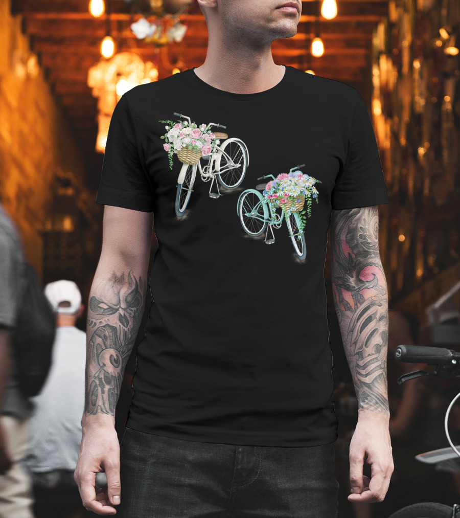 Vintage Bicycles With Flower Baskets Roses And Daisies T-Shirt