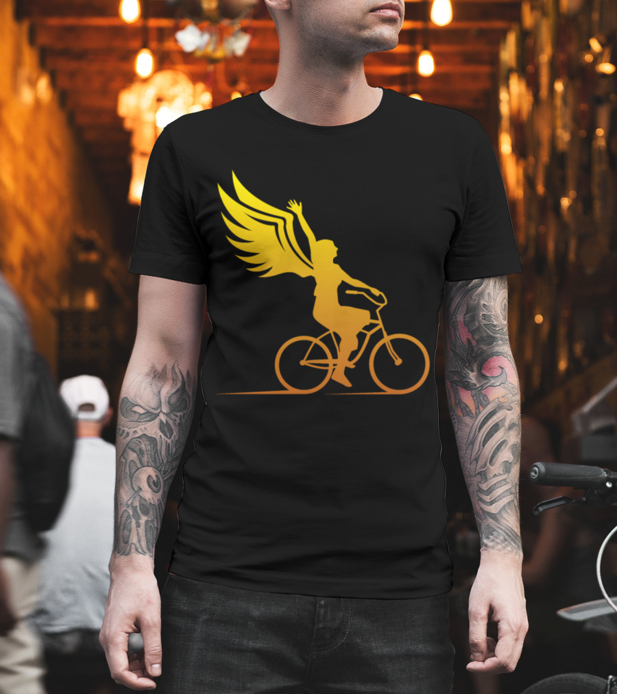 Women Riding Bike with Angel Wings T-Shirt