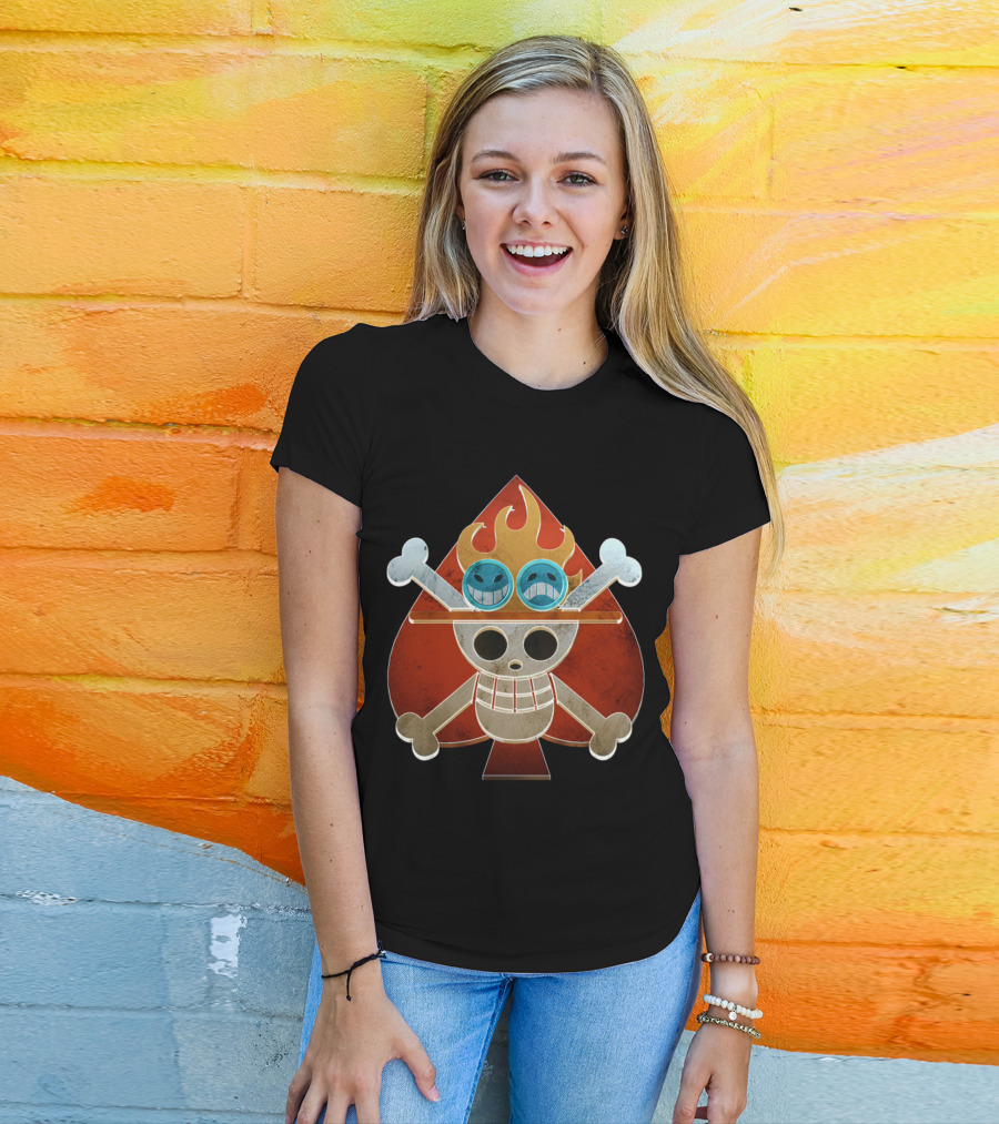 Ace One Piece Spade Pirates Jolly Roger Flame Hat T-Shirt