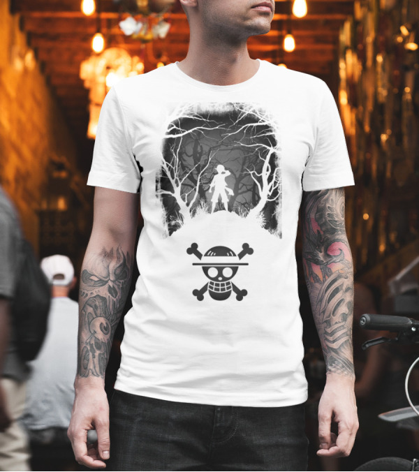 Luffy Silhouette in the Woods With Straw Hat Pirate Skull T-Shirt Luffy Silhouette in the Woods With Straw Hat Pirate Skull T-Shirt