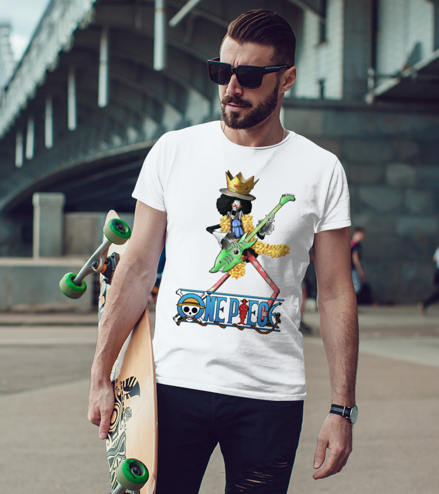 One Piece Brook Playing Guitar With Crown And Yellow Feather Boa T-Shirt