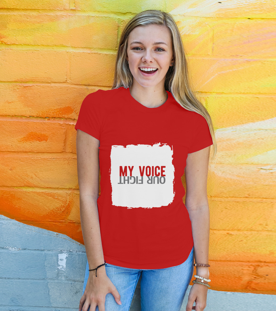 My Voice Our Fight Red And White Distressed Square T-Shirt