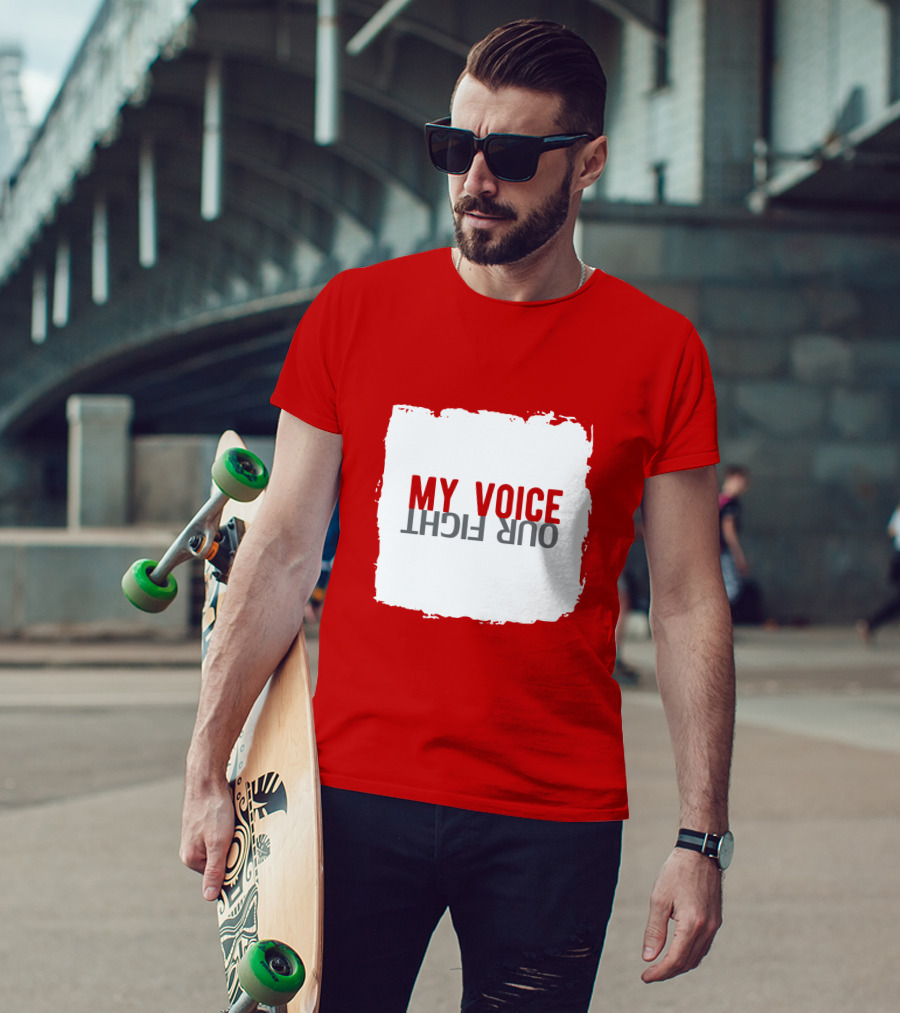 My Voice Our Fight Red And White Distressed Square T-Shirt