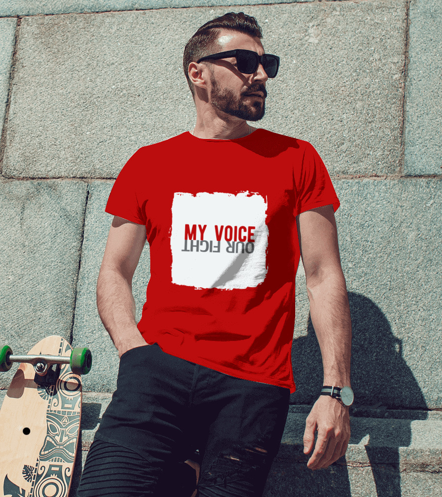 My Voice Our Fight Red And White Distressed Square T-Shirt