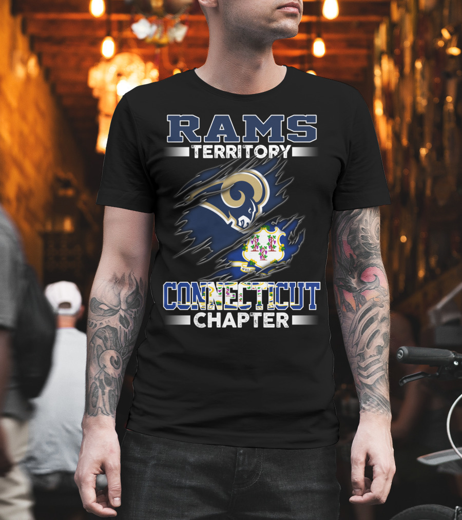 Rams Territory Connecticut Chapter Blue And White Design With Iconic Ram Logo And Connecticut State Symbol T-Shirt
