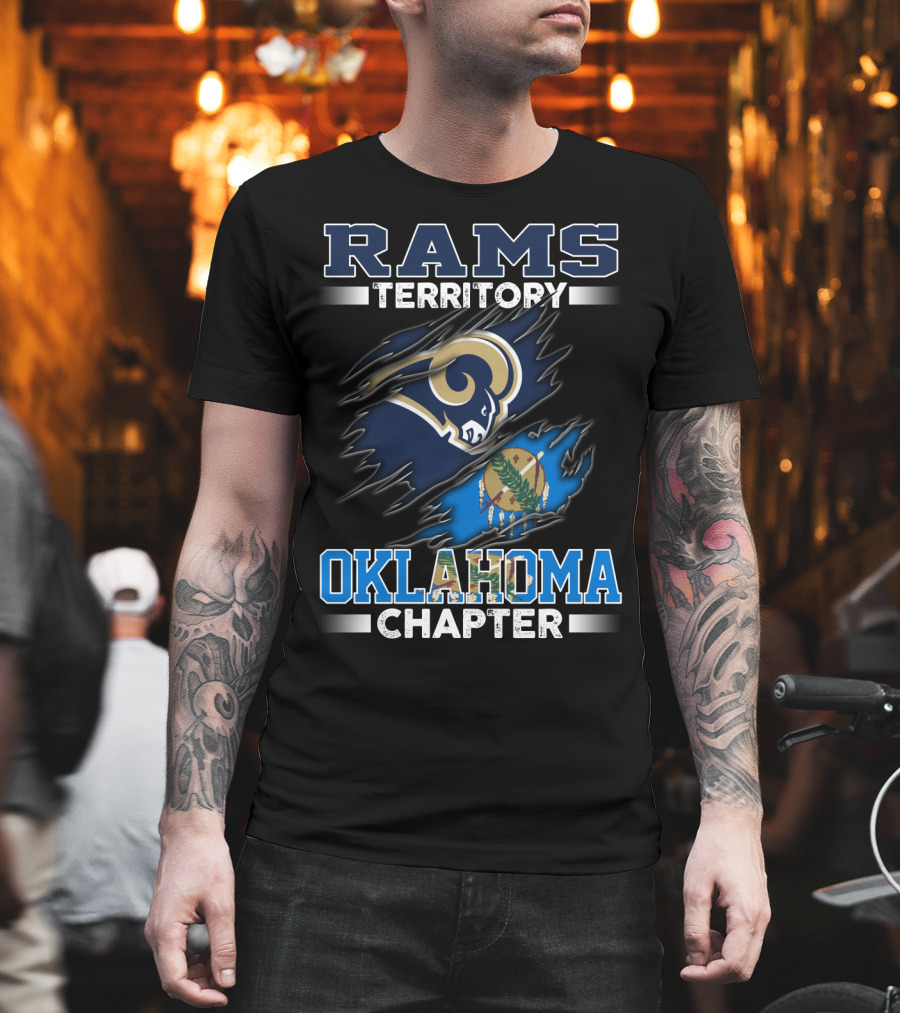 Rams Territory Oklahoma Chapter Blue And Gold Design With Torn State Flag T-Shirt